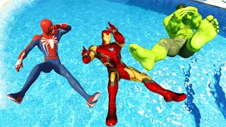 GTA 5 Spiderman vs Superheroes Trampoline Jumps Into Pool (Fails & Ragdolls)