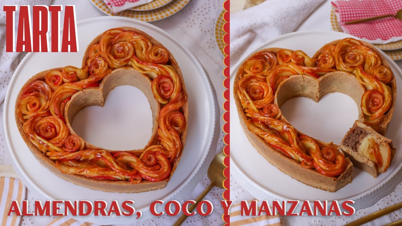 Tarta de MANZANAS, sablée de COCO, crema de ALMENDRAS y PRALINÉ DE COCO, crema cocida de ALMENDRAS