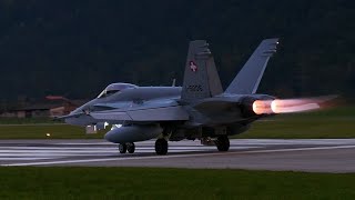 F/A-18 Hornet Dämmerungs-/ Nachtflug Afterburner Takeoffs + Taxiing Airbase Meiringen Oktober 2021