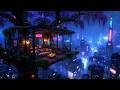 Lofi Ambient – Cozy Neon Treehouse Balcony in Rainy Cyberpunk Metropolis | Midnight Study Mood | 4K