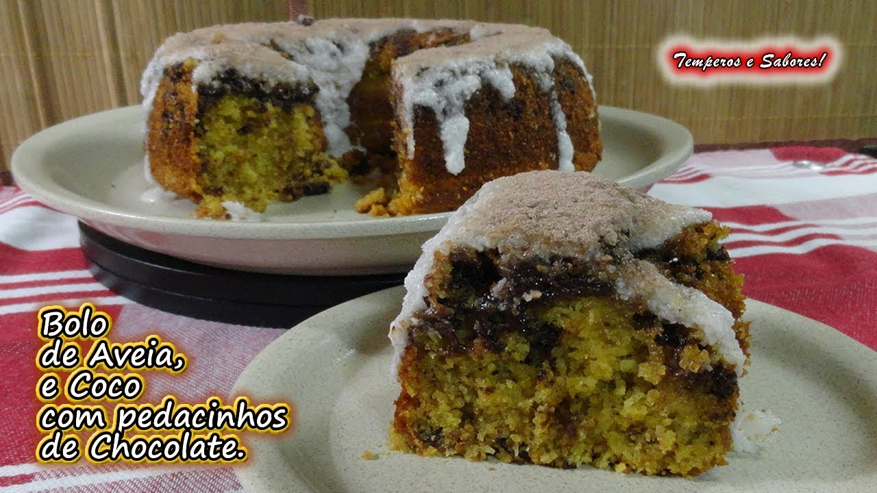 BOLO DE AVEIA COM COCO E PEDACINHOS DE CHOCOLATE, SEM GLUTEN fácil e delicioso