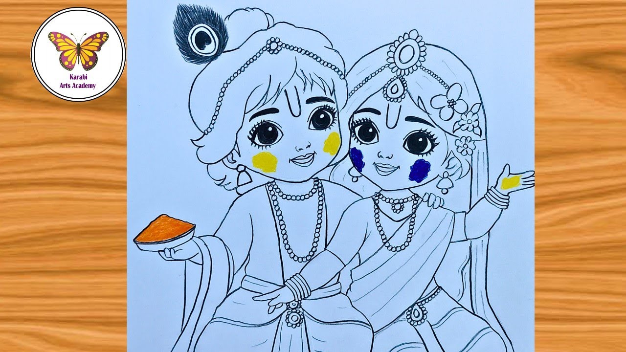 How to draw radha krishna playing holi| Divine love of radha krishna beautiful holi drawing 