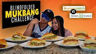Blindfolded MUKBANG Challenge!  Shake Shack Vs. Burger Patch (Vegan) Burger!