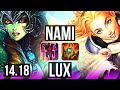 NAMI &amp; Jinx vs LUX &amp; Jhin (SUP) | 0/0/14, 66% winrate | EUW Master | 14.18