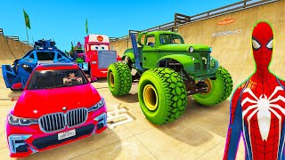 Spiderman Cars Monster Trucks Mega Lake Ramp Challenge ! Superhero Goku Goblin Fire Truck - Gta V