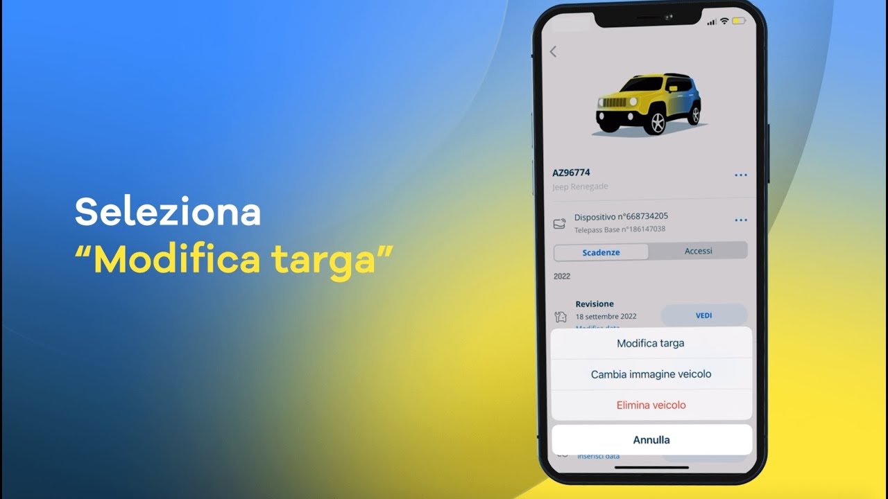 App Telepass - Modificare la targa associata al tuo Telepass. 