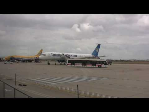 Views of aircraft on the runway of Reus Airport, includes a Europe Airpost Boeing 737, a Thomas Cook Airlines Boeing 757 200 and a Ryanair Boeing 737. The video also features other aircraft on the runway and the Europe Airpost 737 taking off.