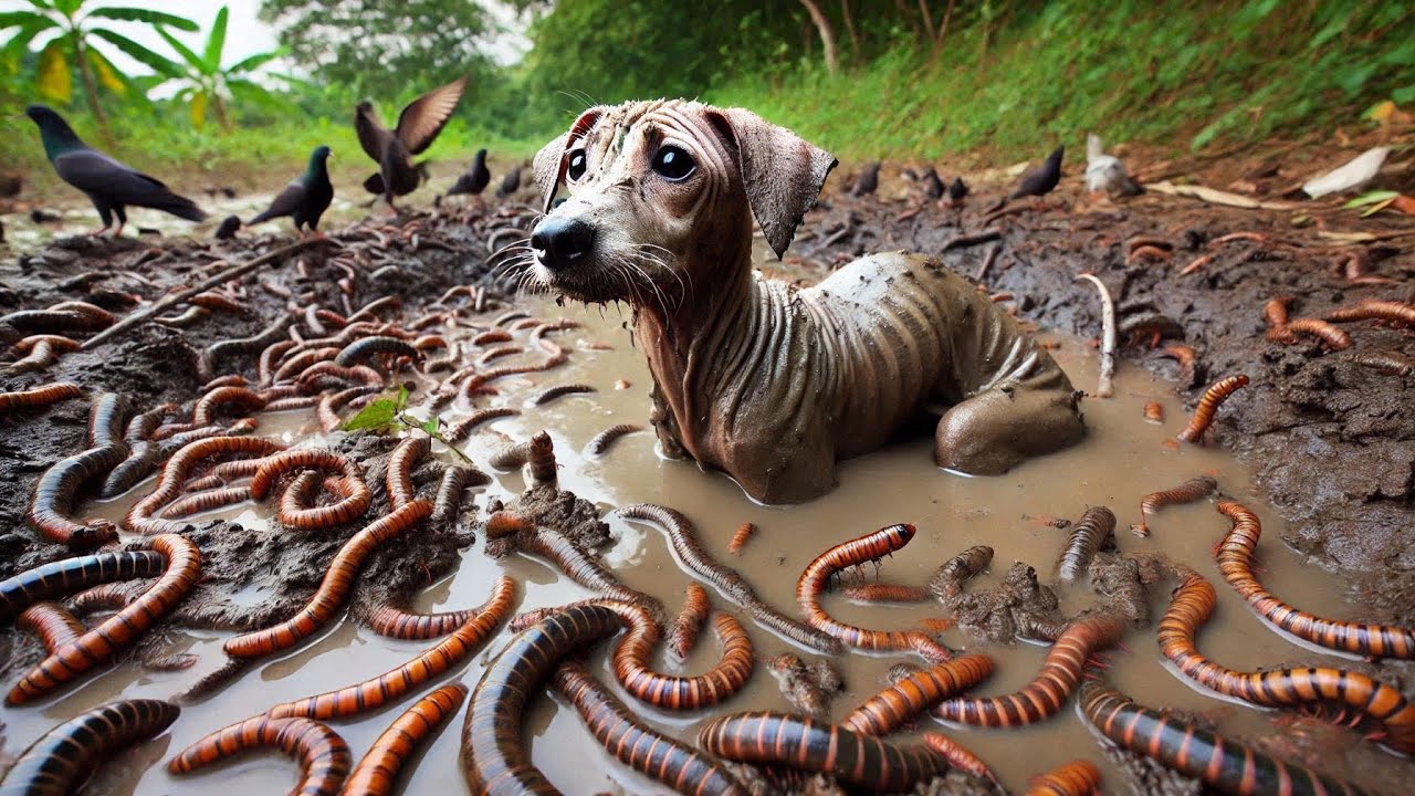 Dog surrounded by worm and stuck in mud #dogrescue - YouTube