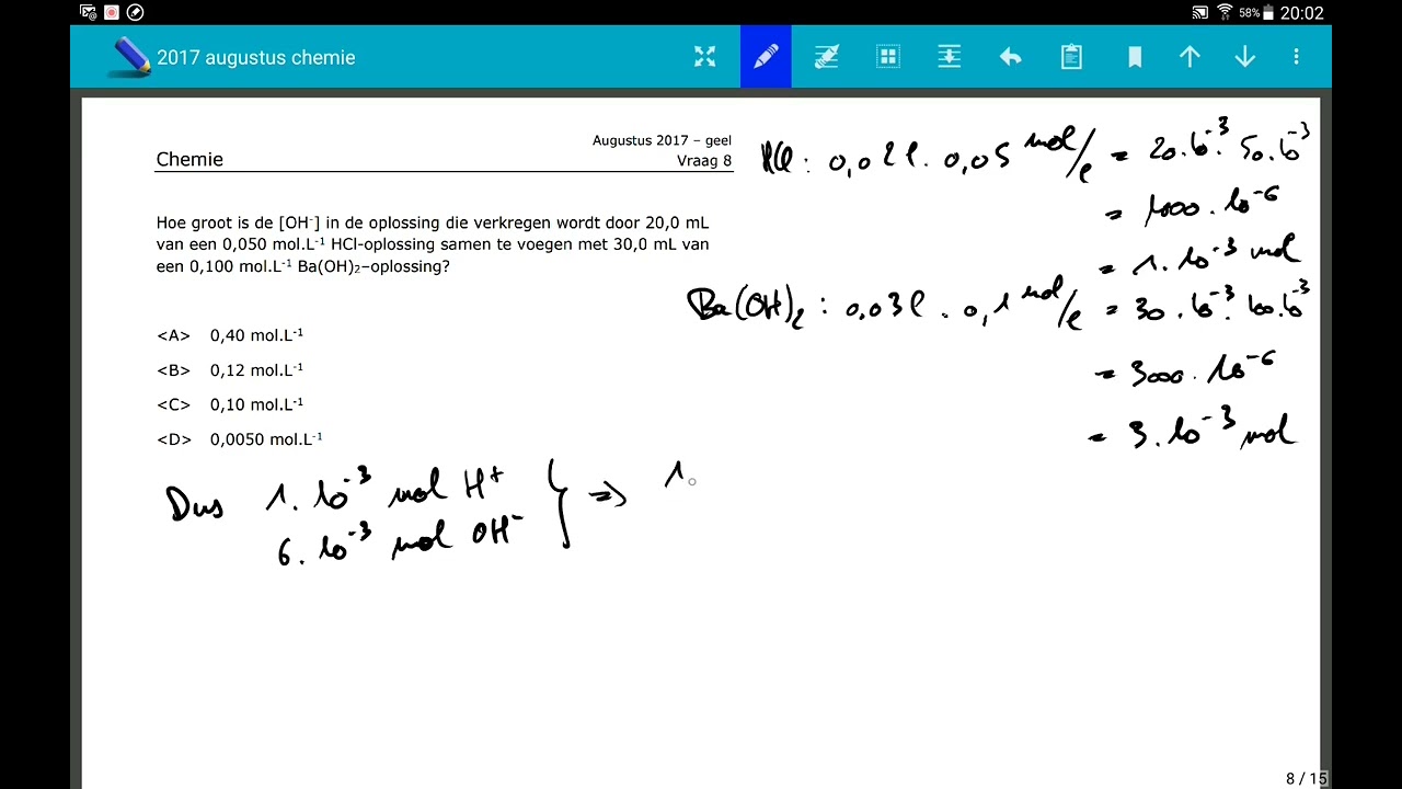 Vraag 08 2017 Augustus chemie Arts / Tandarts toelatingsexamen