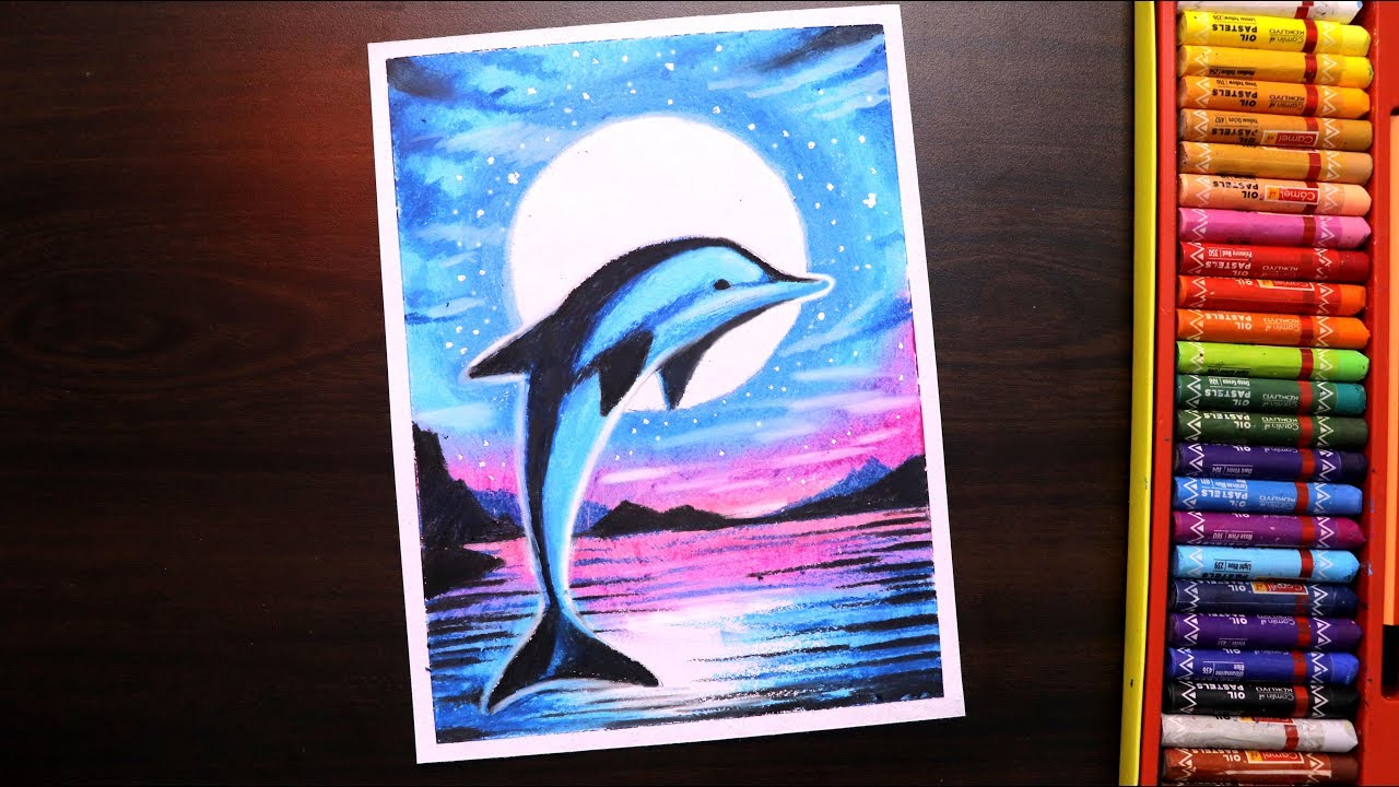  Oil  pastel  drawing  How to DRAW  Moonlight  dolphin Scenery  