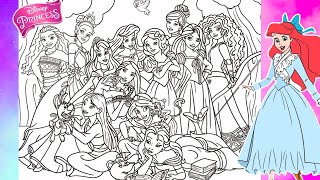 DISNEY PRINCESS Fun All Together Coloring Page ARIEL SNOW WHITE CINDERELLA BELLE JASMINE MULAN TIANA