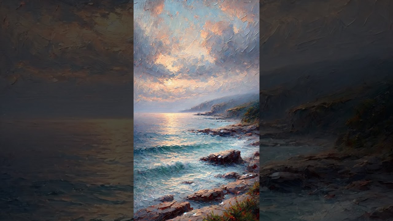 Seashore under a Cloudy Sky (Painting Style: 