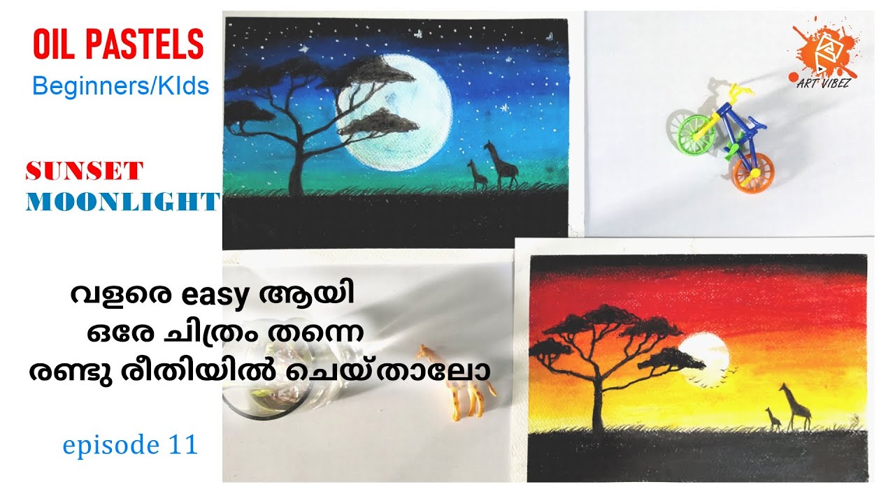 Start dawing (Part 9) Sunset and moonlightscene oil pastels