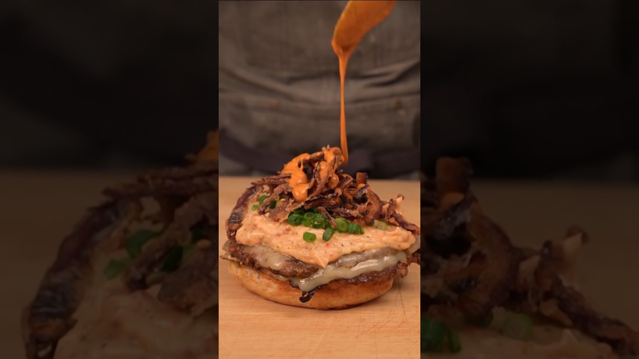 Cheesy Beef Burger Recipe Juicy Beef Patty with Caramelized Onions & Creamy Orange Sauce