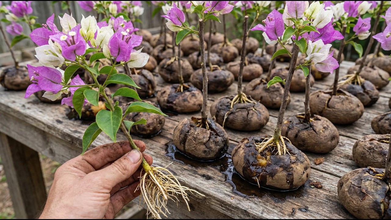 Insert bougainvillea cuttings into potatoes/Simple trick to make roots grow like crazy.