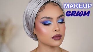 GRWM 💜💙 Easy Beginner Makeup : BADDIE BEAT FULL Glam Tutorial For Hooded Eyes Step-by-Step