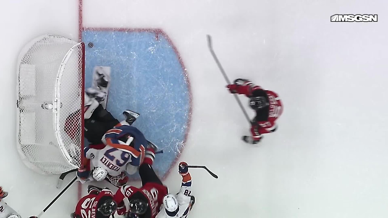 Gleb Veremyev scores a disallowed goal against the New Jersey Devils