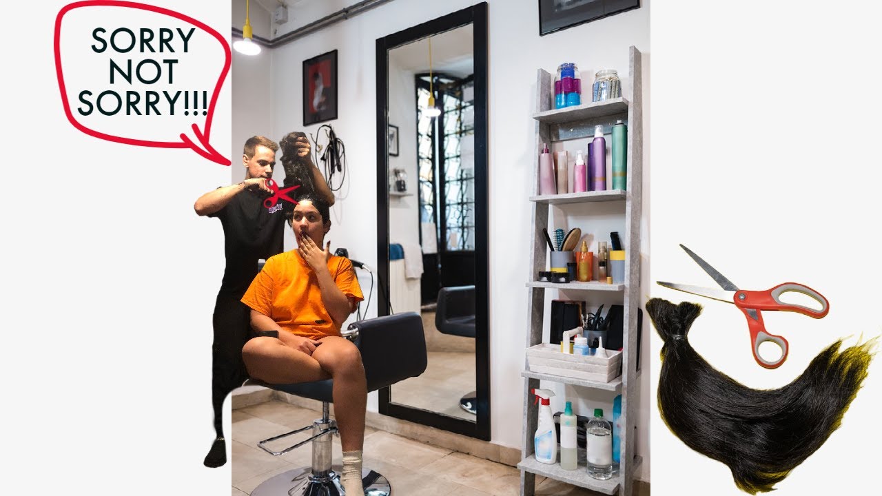 A YouTube thumbnail of a boyfriend and girlfriend laughing during a haircut prank, capturing the joy of shared moments