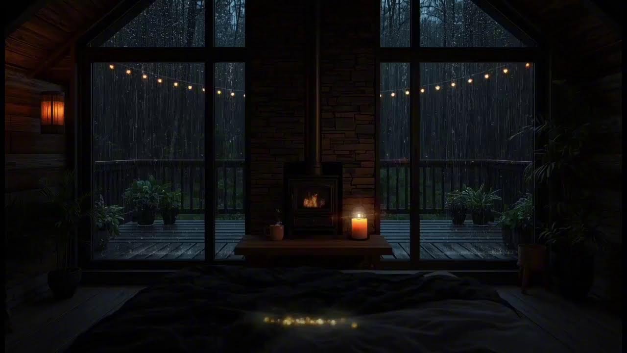 Rain Sound for Better Sleep ⛈️ Cozy Cabin Night Rain & Fireplace Ambience 🔥🌧️ Deep Relaxation