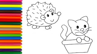 How to Draw and color easy a cute Animals Cat and Hedgehog 🐱🦔🌈Drawing for kids and Toddlers 🐱🦔🌈 #023