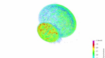 3D volume rendering of a double radio relic at 150 MHz from a 2:1 merger simulation