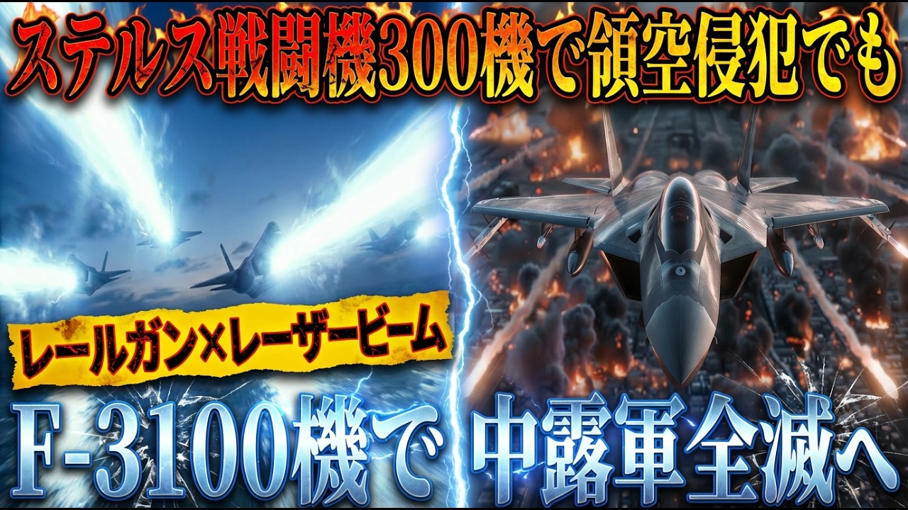 【透明の空襲】もしも中露の戦闘機300機がステルス化し日本へ侵攻してきても、F 3（レールガン×レーザービーム）100機いればどうなるのか【AIシミュレーション】