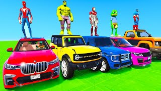 Spiderman Cars Multi Ramp Jump Challenge ! Superhero Hulk Monster Water Fire Trucks Tank - Gta V