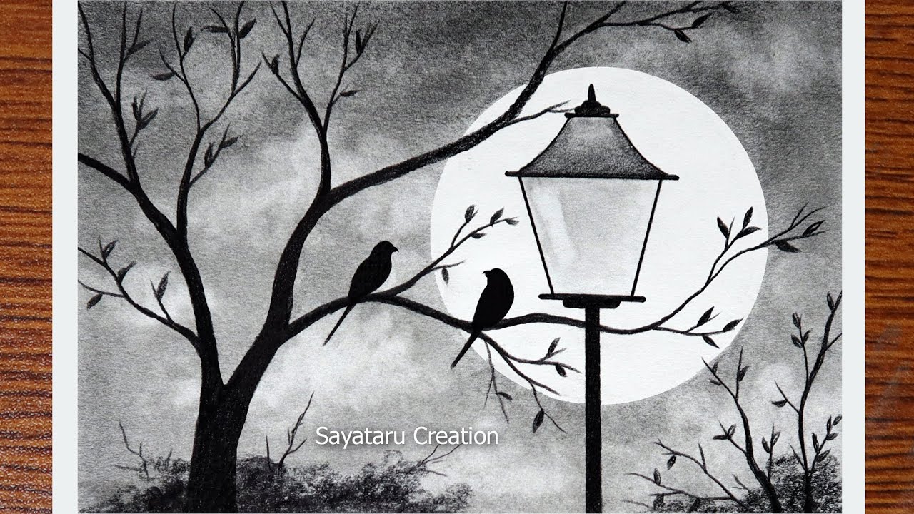 How to Draw Scenery of Moonlight Night by pencil sketch, Love Birds