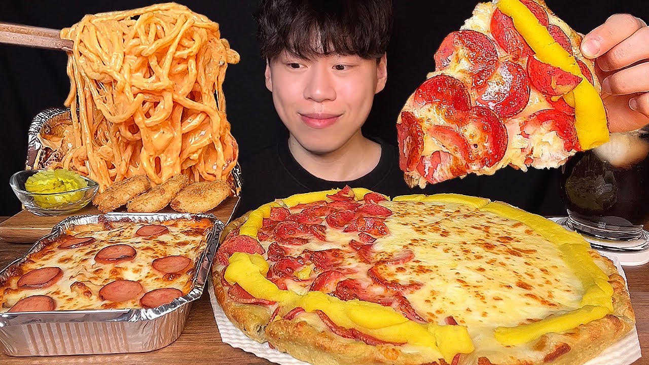 SUB)Корейская пицца с сырной бомбой 600г,запеченные спагетти с сыром и жареные креветки мукбанг асср
