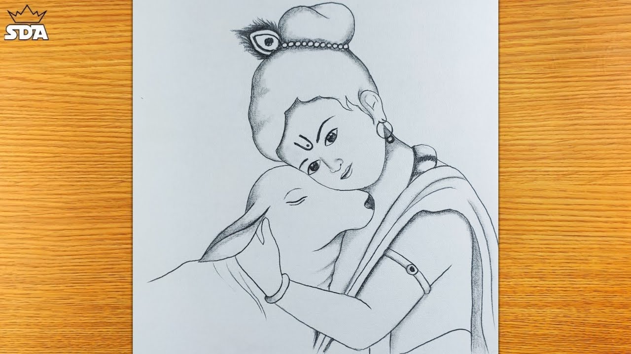 Easy lord Krishna with cow pencil drawing/Bal Krishan pencil ...