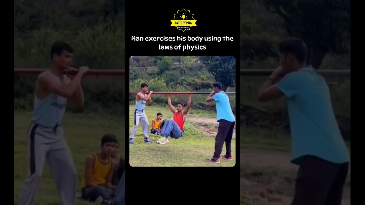 The man balances on a horizontal bar while being supported 