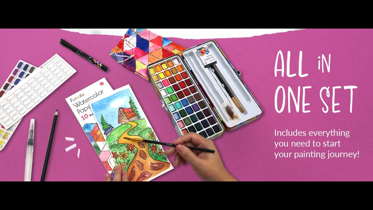 Funcils Watercolor Paint Set - 50 Travel Watercolors Set - Water Colors  Paint for Adult, Kids, Beginners, Professional Artists | Watercolor Palette