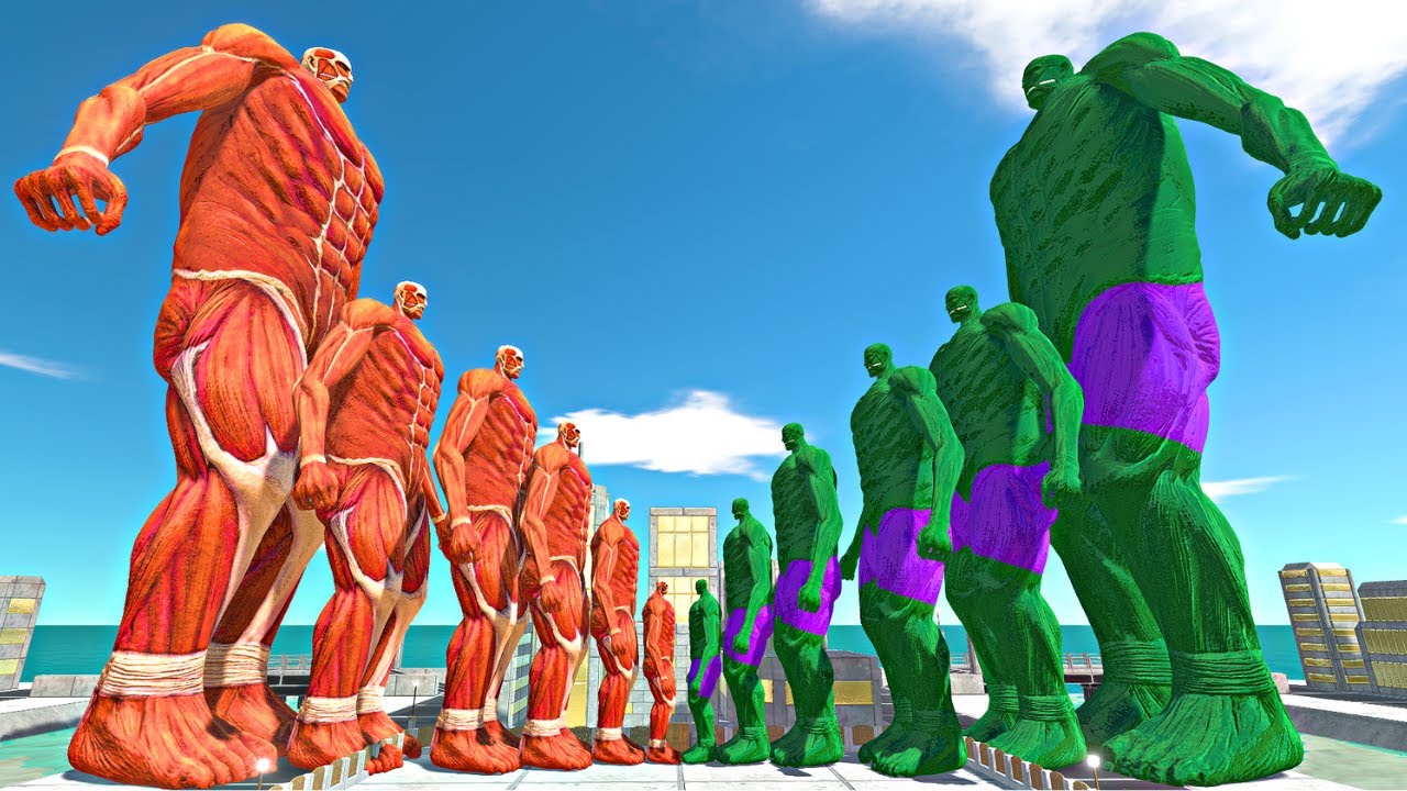 Growing Colossal Titan vs Growing Hulk Titan in Gold City - Animal Revolt Battle Simulator