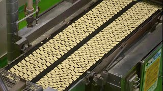 The process of mass-producing Nacho snacks. A delicious snack factory in Japan.