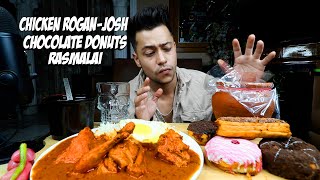 EATING CHICKEN ROGAN-JOSH WITH BASMATI RICE, VEGETABLE SALAD, MASALA EGG, CHOCOLATE DONUTS, RASMALAI