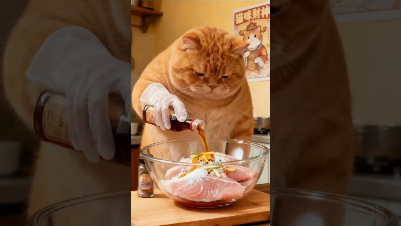 Ep60 || Fat orange cat makes crispy fried fish and eats it with tiger 