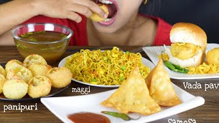 Eating Maggi Panipuri , Vad Pav, Samosa | Indian Street Food Mukbang | FOOD EATING VIDEOS #mukbang