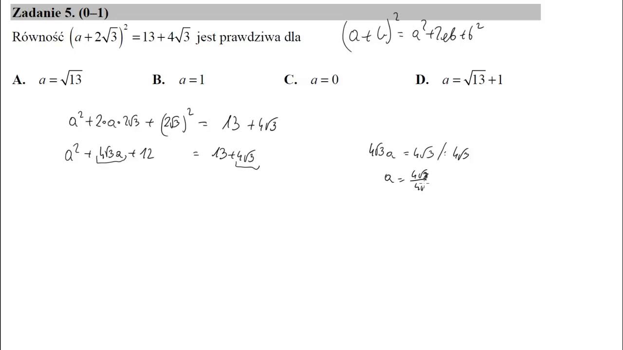 Równość (22 √−a)2=17−122 √ Jest Prawdziwa Dla 5 Równość a+23–√2=13+43–√ jest prawdziwa dla - YouTube