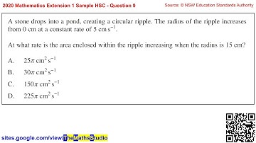 2020 Maths Extension 1 Sample HSC Q9 How to use the chain rule in a related rate of change problem