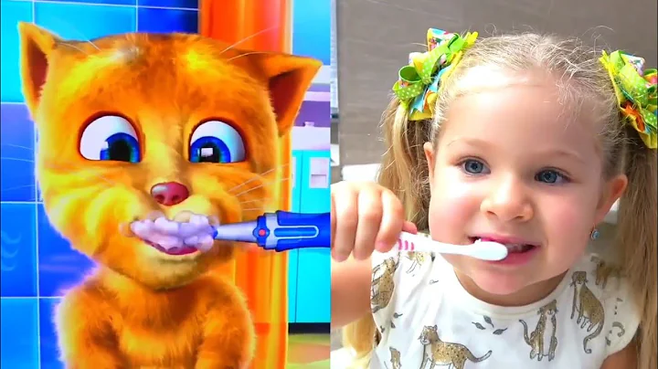 Diana and funny cat eats Breakfast and plays 😻😇