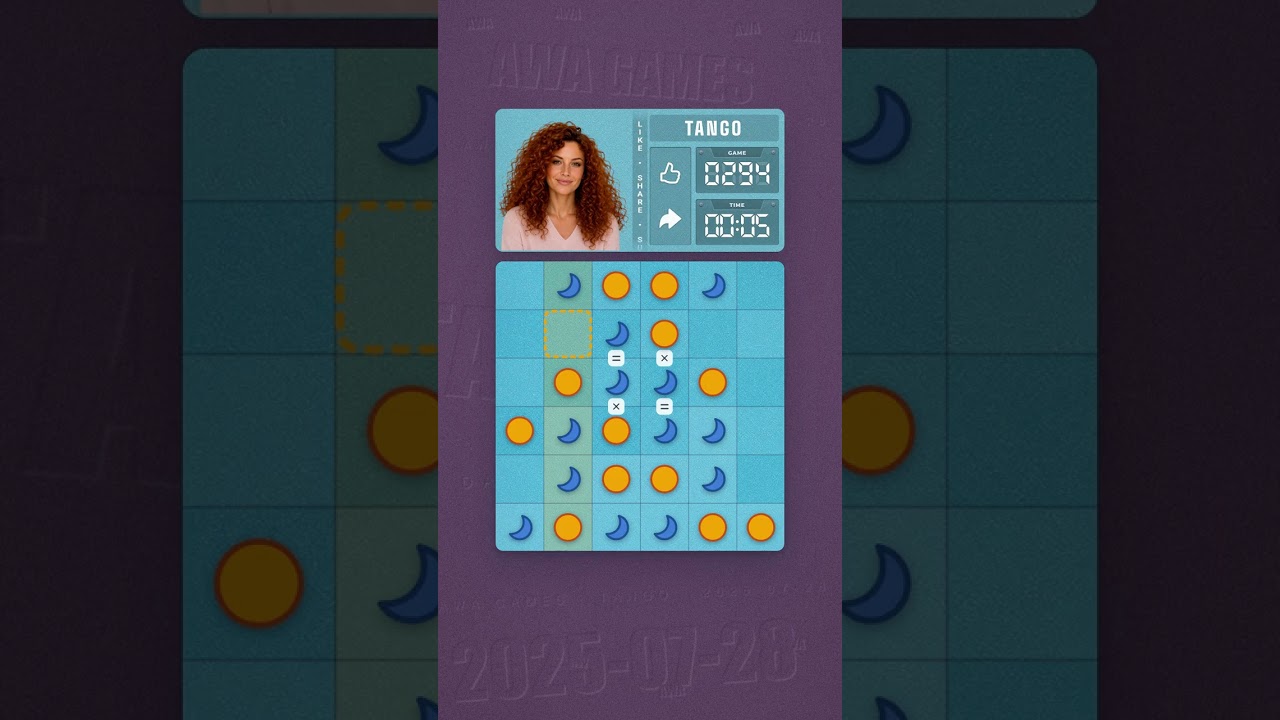 LinkedIn Tango #294 solved board for July 28, 2025, 6x6 grid