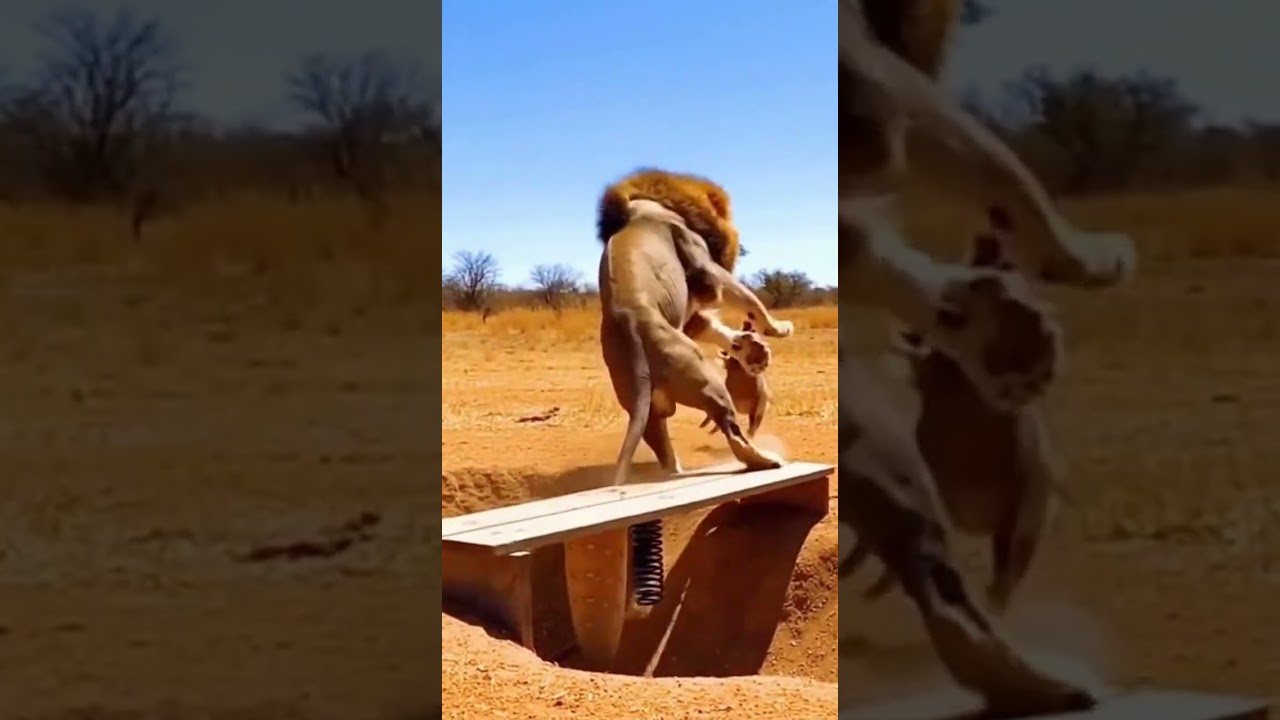 Rare Footage Of A Lion Triggering A Seesaw Trap