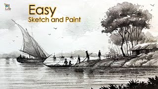 How To Sketch And Paint Easy Old Boat Harbor In Scenery Art