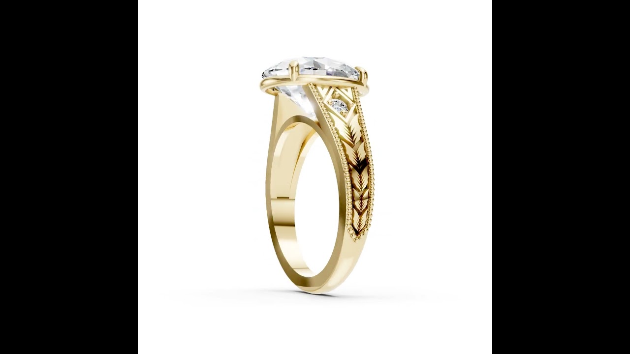 Antique Three Stone Leaf Engraved Band Oval Cut Ring