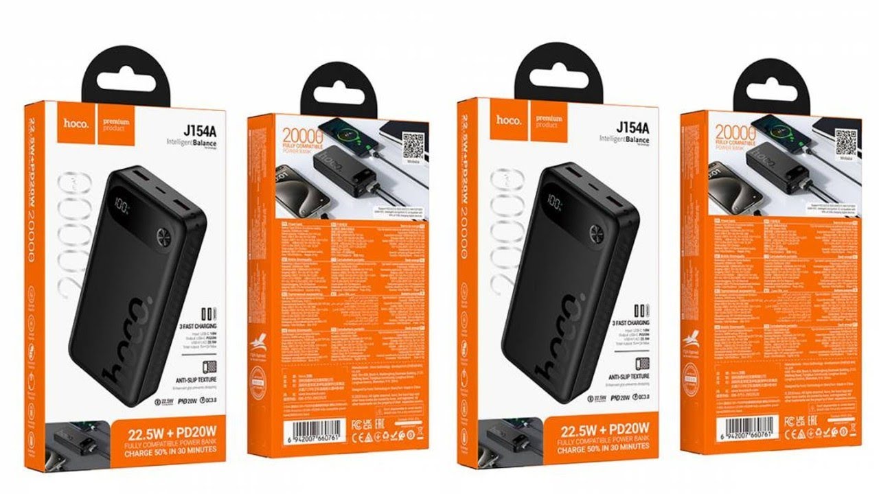 Hoco J154A Power Bank Premium Quality 20000mah 22.5 + 20 Watts 2 inputs & 3 Outputs LED Display