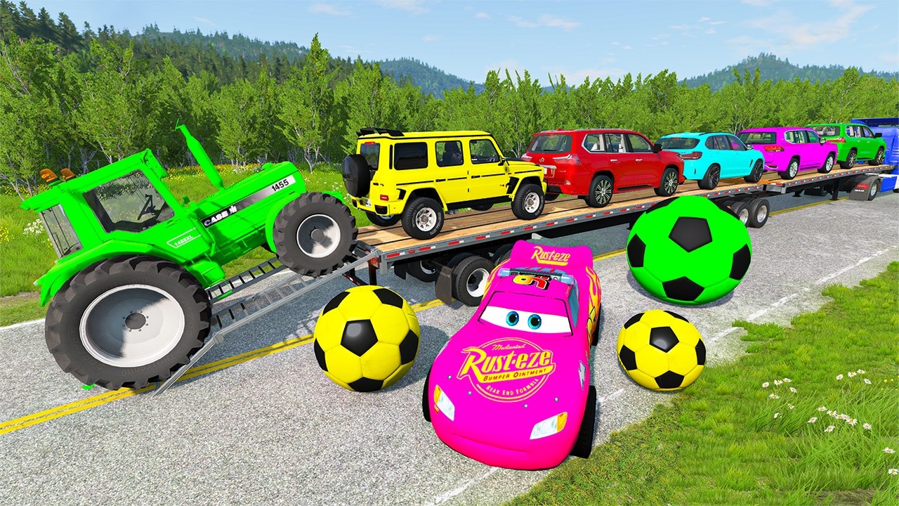 Flatbed Trailer McQueen Transportation with Truck - Speedbumps vs Cars vs Train - BeamNG.Drive