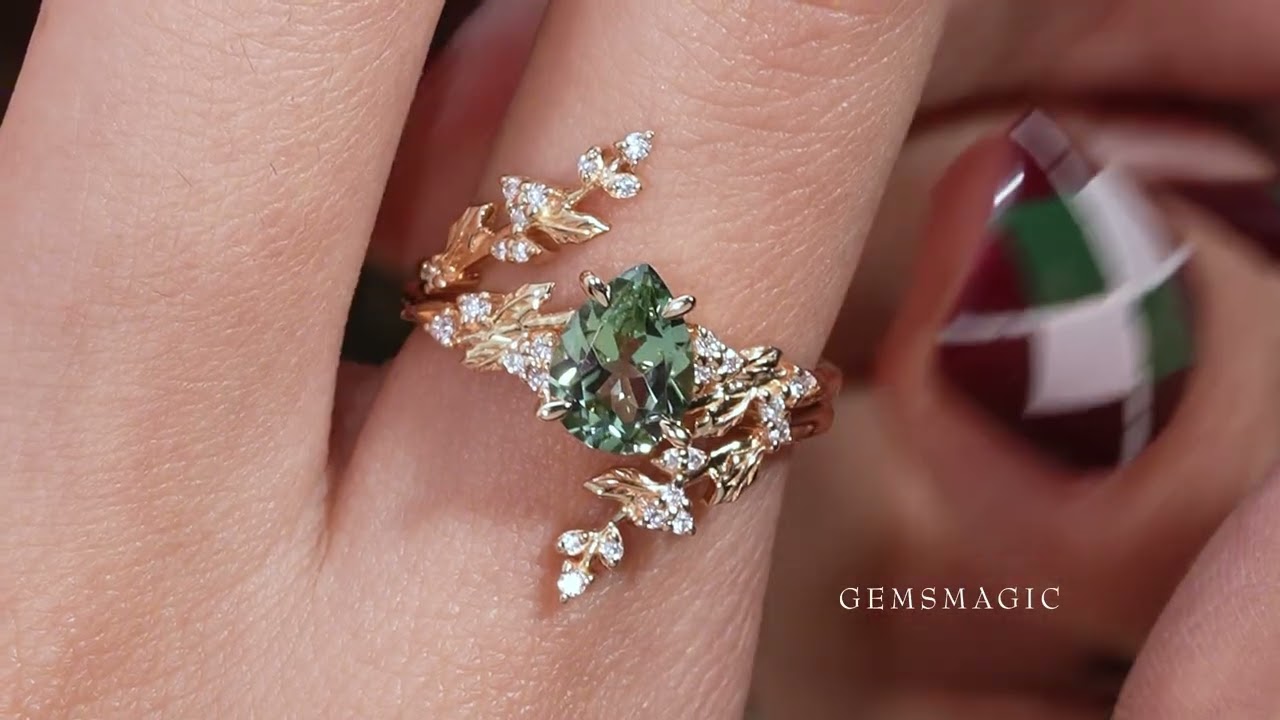 Pear Green Sapphire Nature Inspired Bridal Enhancer Ring Set Mistletoe Ring Set 2pcs
