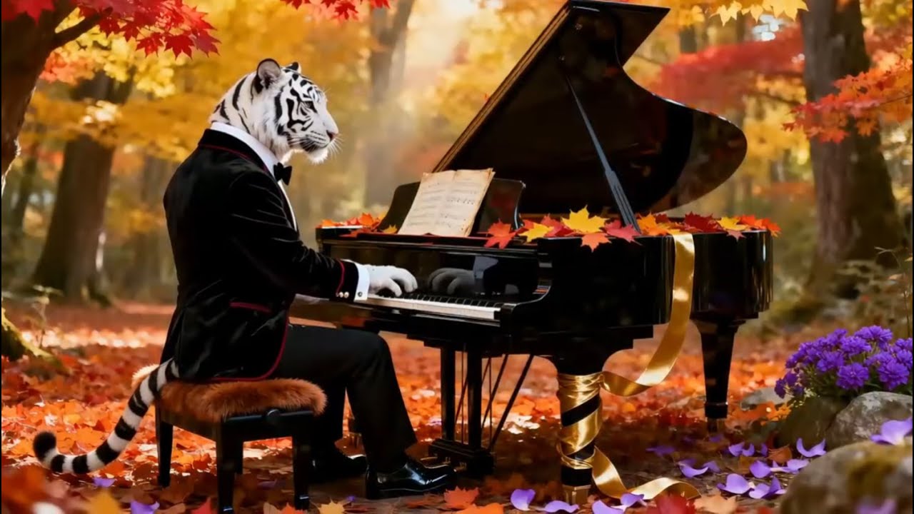 Cozy Autumn Piano 🍁 White Tiger in the Forest | Soft Piano for Sleep, Study & Relaxation