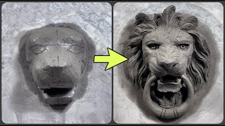 Художественная скульптура головы льва из песчано-цементного материала