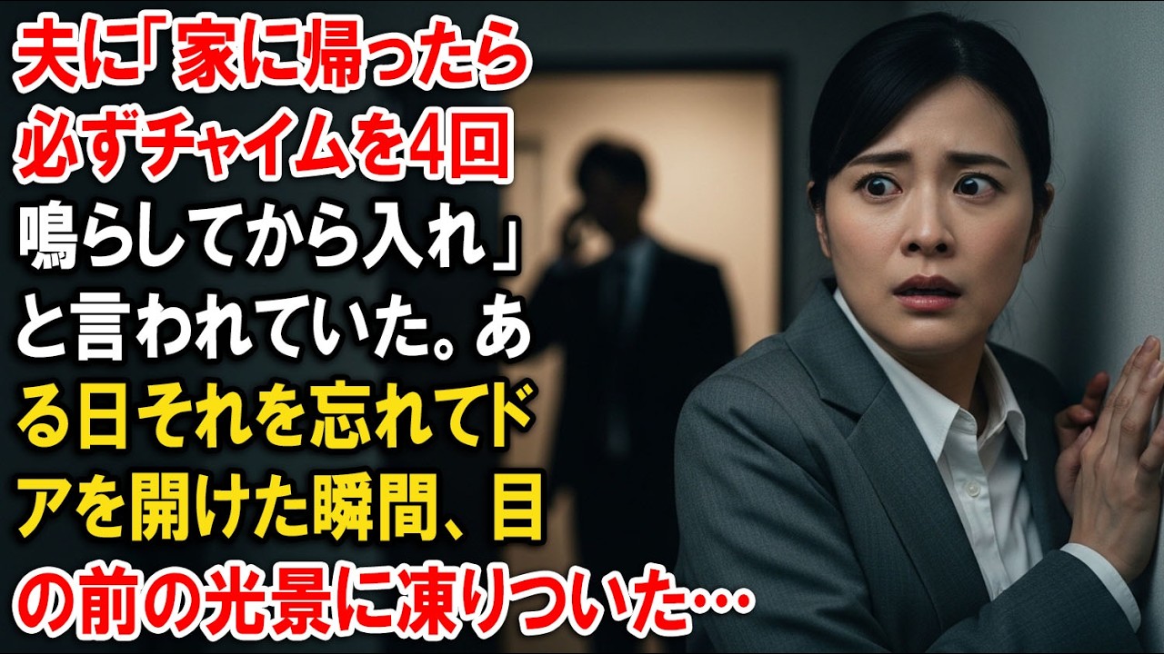夫に「家に帰ったら必ずチャイムを4回鳴らしてから入れ」と言われていた。ある日それを忘れてドアを開けた瞬間、目の前の光景に凍りついた…
